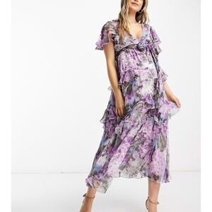 ASOS Maternity Tiered Midi Dress Floral Ruffles Tie Back Purple Blue Size 12